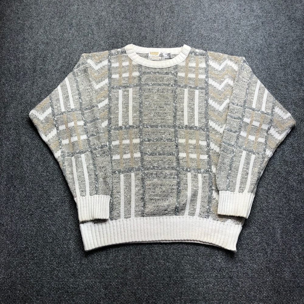 London Towne Vintage Mens Geometric Knit Sweater Cream Grey Tan Made in USA M
